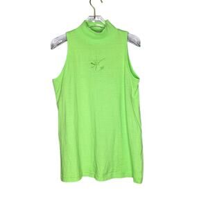 Croquet Club Vintage Neon Green Sleeveless Top Mock Neck Floral Embroidery